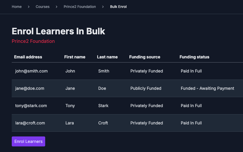 Bulk enrolment screenshot