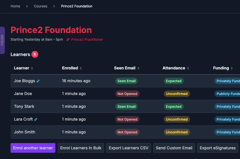 Learner record and status tracking screenshot
